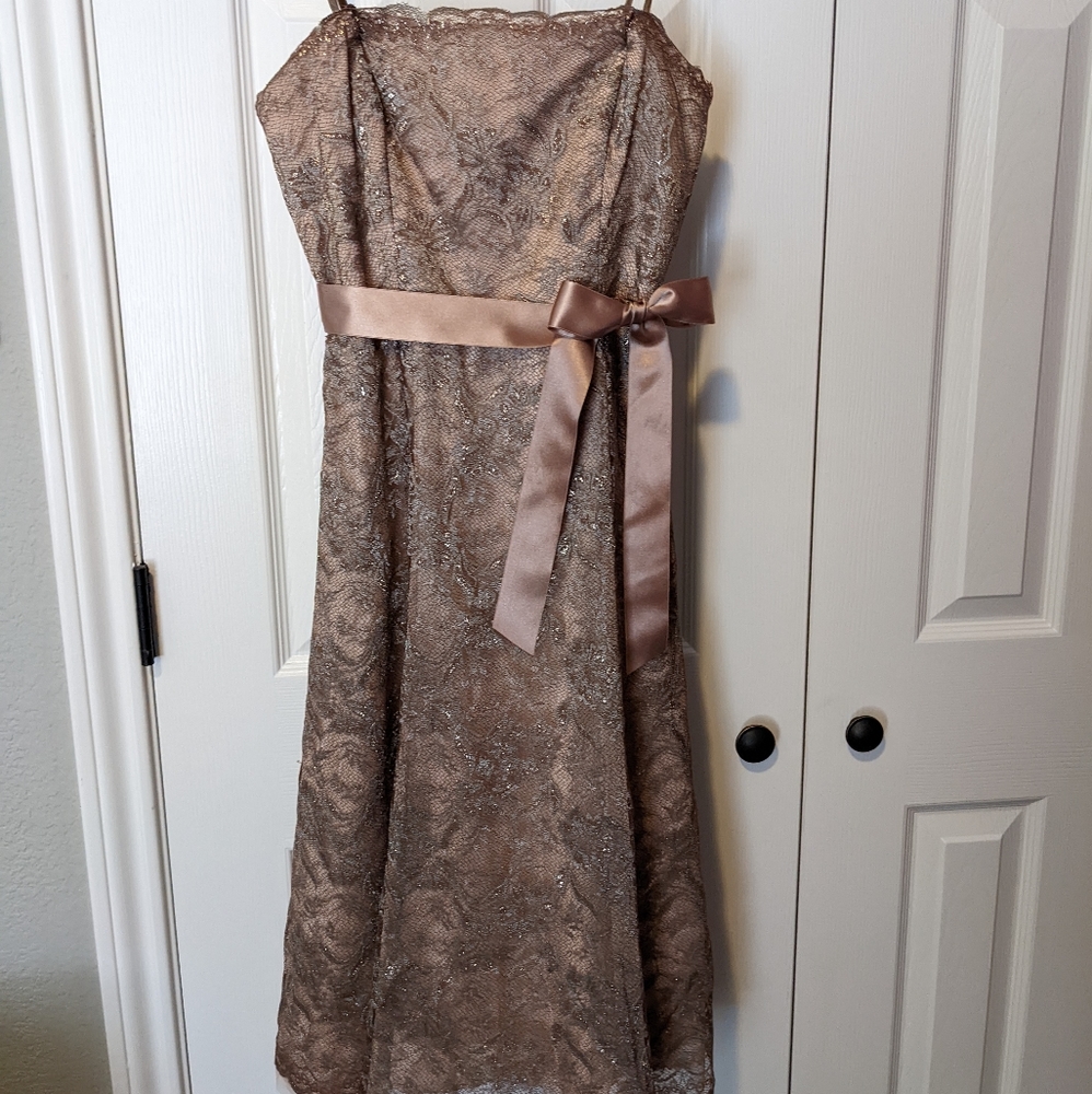 BCBGMaxAzria Champagne and Gold Vintage Y2K Strapless Lace Cocktail Dress